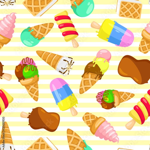 Fototapeta Colorful pastel pattern of ice cream on a striped background. seamless pattern with ice cream. Funny cartoon style. Vector illustration