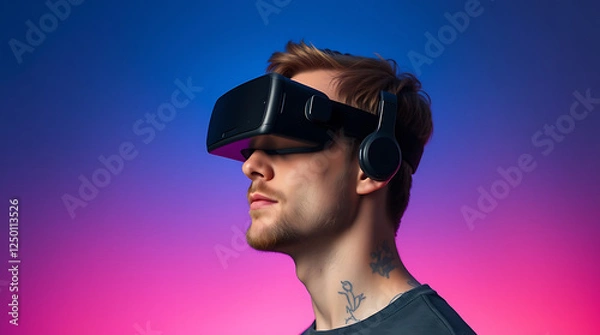 Fototapeta "Immersive Virtual Reality Experience: People Engaging with VR Headsets in a Futuristic Digital World"

