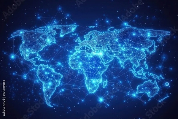 Fototapeta Global network connection, glowing world map.