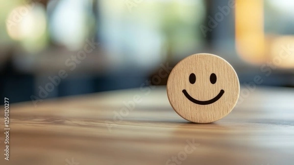 Obraz Abstract Smiley Face on Wooden Circle Symbolizing Customer Satisfaction and Positive Experiences