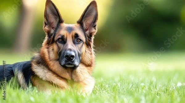 Fototapeta Portrait of a Loyal German Shepherd Dog Lying on Green Grass : Generative AI