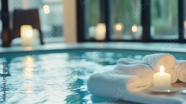 Obraz Relaxing spa setting with rolled towels floating candles and tranquil water : Generative AI