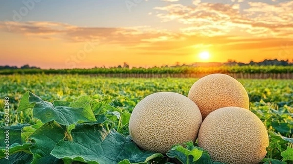 Obraz Ripe Cantaloupes at Sunset in a Lush Field.