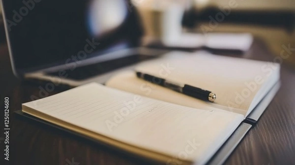 Fototapeta Stylish Workspace with Open Notebook, Pen, Laptop, and Coffee Cup on Wooden Table