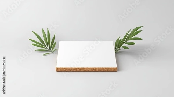Fototapeta Minimalist display with a blank square surface surrounded by green palm leaves on a light background