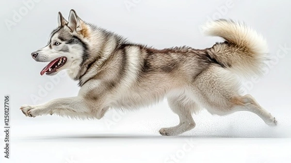 Fototapeta Siberian husky in mid-sprint showcasing muscle definition and dynamic movement in an open field