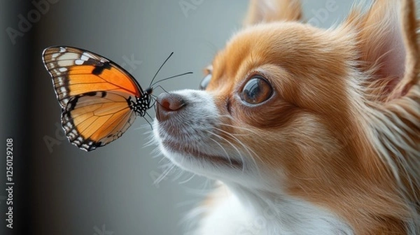 Fototapeta Chihuahua with a butterfly resting on its nose in a playful and adorable outdoor setting
