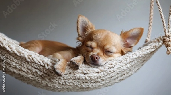 Fototapeta Chihuahua sleeping peacefully in a small hammock designed for pets in a cozy indoor setting