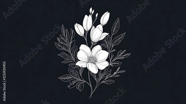 Fototapeta Elegant Line Art Magnolia Flower Illustration on Dark Background AI Generated