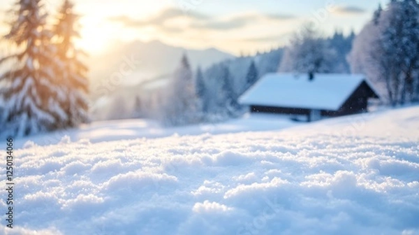 Fototapeta Cozy Winter Scene with Sunlight Glinting on Fresh Snow Near a Cabin in the Mountains : Generative AI