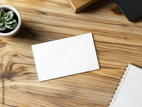 Obraz Blank postcard mockup on wooden desk with succulent, notebook, and phone.