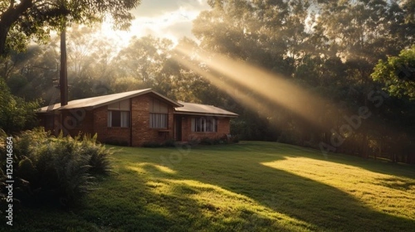 Obraz Sunbeams illuminate a brick house nestled in a lush green landscape.