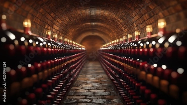 Fototapeta Wine bottles aging in a brick cellar
