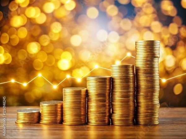 Fototapeta Building Wealth: Growing Coin Stack with Savings Growth Chart & Bokeh Background
