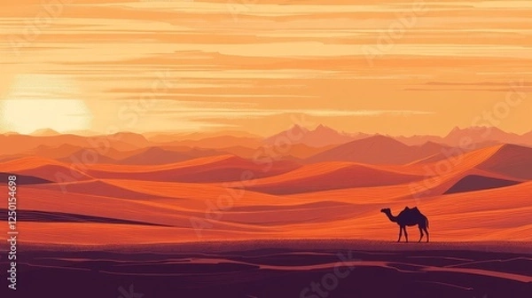 Fototapeta Majestic Sunset in the Desert: Glowing Sand Dunes and Lone Camel Silhouette