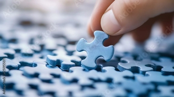 Fototapeta Hand placing final blue puzzle piece in a sea of scattered jigsaw pieces representing challenge and completion : Generative AI
