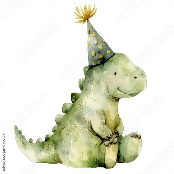 Obraz A cute dinosaur wearing a party hat, exuding a playful and cheerful vibe, perfect for children's themes or birthday celebrations.