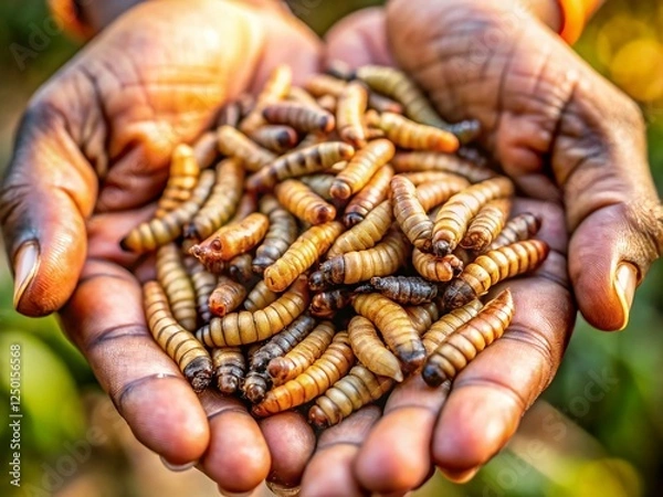 Fototapeta Close-up of Black Soldier Fly Larvae on Hand - Sustainable Insect Farming for Animal Feed