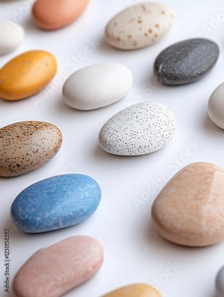 Fototapeta Colorful oval stones arranged in rows on white background.