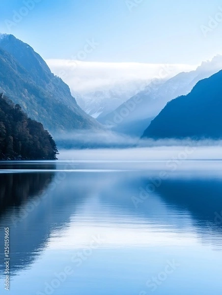 Fototapeta Majestic Mountain Landscape with Reflections on a Calm Blue Lake : Generative AI