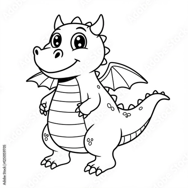 Fototapeta A black-and-white cartoon dragon with a friendly expression, small wings, horns, and a striped belly.