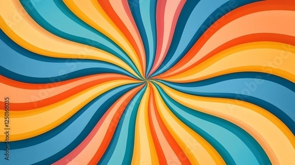 Fototapeta A swirling vortex of vibrant, retro-style color bands in shades of orange, teal, and yellow creates a dynamic, playful pattern.