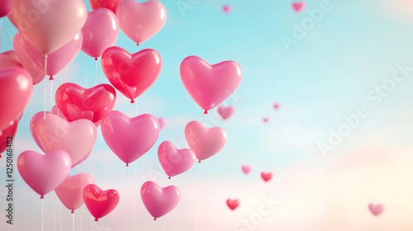 Fototapeta cascade of floating heart shaped balloons in various shades of pink against soft blue sky creates whimsical and romantic atmosphere