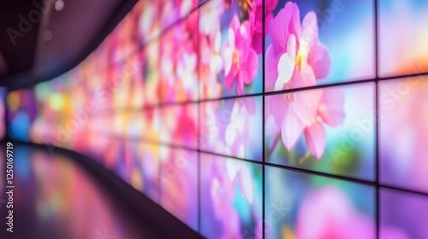 Fototapeta Giant multimedia wall with abstract digital screens, gradient lighting, and futuristic minimalism, symbolizing the fusion of technology and design.