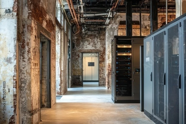 Fototapeta Historic building converted into a server room, merging traditional architecture with high-tech.
