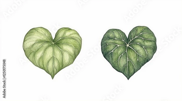 Obraz Two heart-shaped leaves showcasing different shades of green against a white background