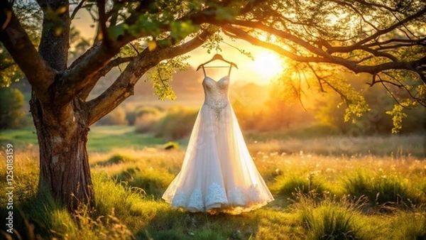 Fototapeta Ethereal Bridal Gown Hanging on Tree Branches in Meadow - Low Light Photography