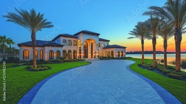 Obraz Opulent Lakeside Mansion at Dusk