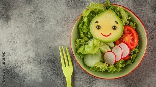 Fototapeta Top view of a fresh and vibrant salad featuring avocado, tomato, and radish in a bowl on a concrete background. Flat lay composition with a fork placed next to the dish.