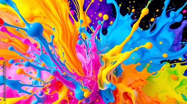 Fototapeta 8K ultra HD desktop wallpaper background portraying dynamic colorful paint splash abstract art in vibrant hues, futuristic sci-fi style, adorable and cute charming features, advanced technology