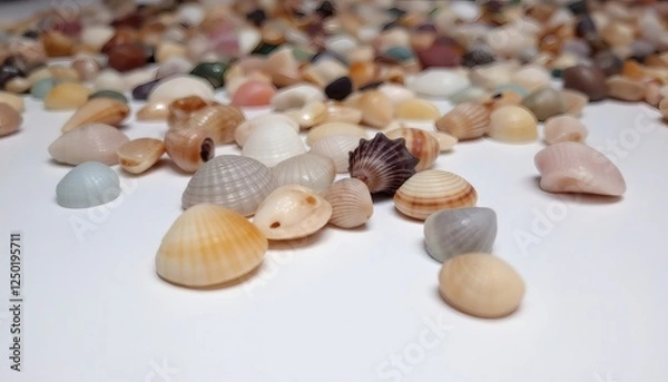 Fototapeta Vibrant Collection of Small Seashells on White Background