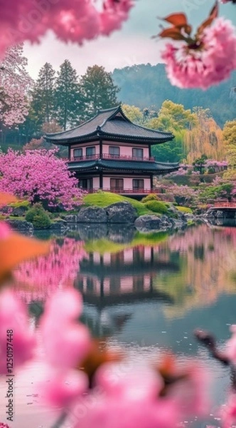 Fototapeta Cherry Blossoms Frame Japanese Temple Reflection
