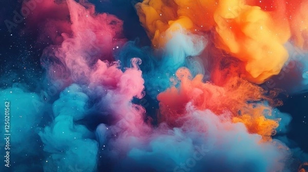 Fototapeta Abstract Colorful Ink Cloud Explosion Turquoise, Pink, and Orange Smoke Plumes on Deep Blue Background.
