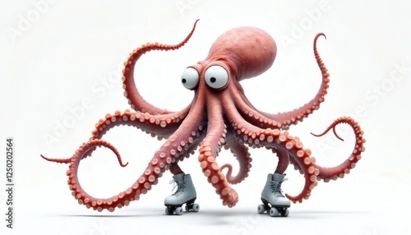 Fototapeta Whimsical Octopus Balancing on Roller Skates with Tentacles Twirling