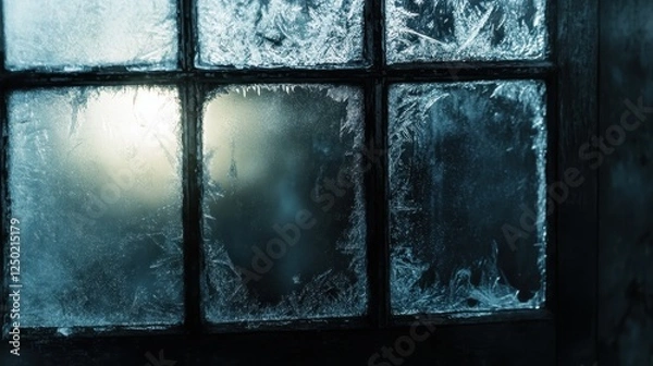 Fototapeta Frozen Window Pane with Ice Crystals and Soft Sunlight Winter's Icy Embrace