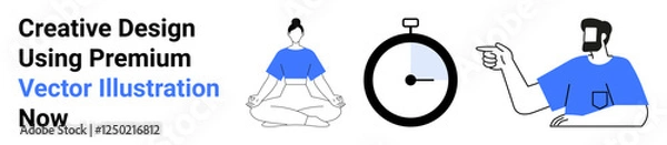 Fototapeta Woman meditating in lotus posture, clock symbolizing time management, man pointing toward teamwork. Ideal for wellness, time efficiency, productivity, collaboration, mindfulness, focus flat landing