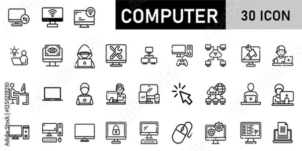 Obraz Minimalist Computer Icon Pack | 30 Outline Vector Icons, Editable stroke. 