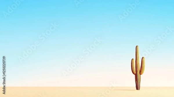 Fototapeta A solitary cactus stands in a vast desert landscape under a clear blue sky at sunset