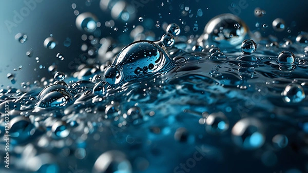 Fototapeta High-resolution close-up of oxygen bubbles rising in clear blue mineral-enriched water for refreshing hydration