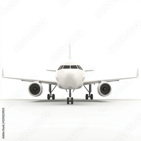 Fototapeta Front view of a white airplane on a runway.