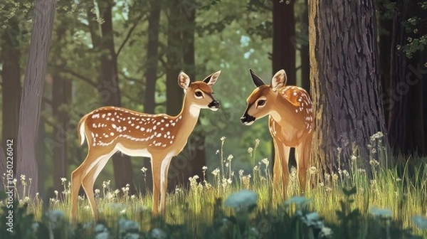 Fototapeta Two Fawn in Forest Glade: A Moment of Tranquility in Nature's Embrace