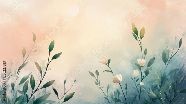 Fototapeta Delicate Floral Watercolor Background with Leaves and Copy Space.