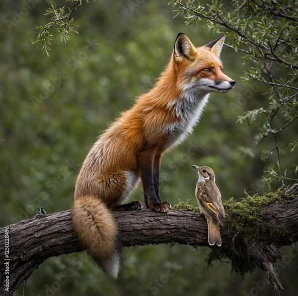 Obraz "A friendly fox and a little bird sharing a peaceful moment on a tree branch."