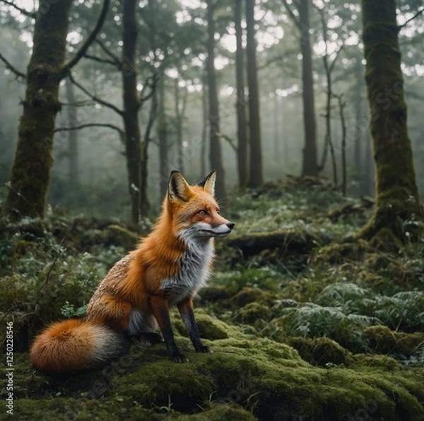 Obraz "A fairy-tale fox wearing a tiny crown, sitting on a mossy throne in a magical woodland."