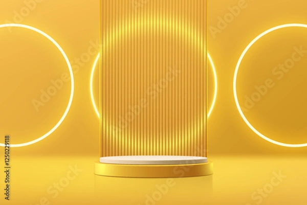 Obraz 3D yellow round podium background with glow circle neon light. Abstract composition minimalist design. Studio display showroom cosmetic stand product pedestal, Fashion stage showcase mockup wall scene