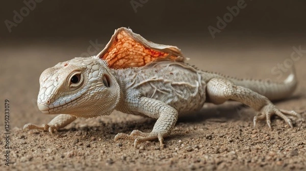 Fototapeta Unique Lizard With Striking Scales and Distinctive Fringe Seen Basking on Sandy Ground in a Natural Habitat